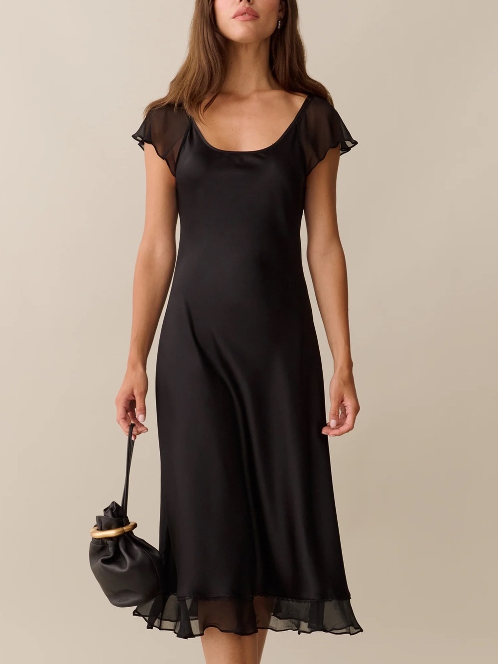 NWT Few Moda Solene Ruffle Sheer Short Sleeve Midi Maxi Dress Black Sorella